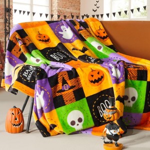 Hachikiko Halloween Fleece Throw Blanket 50"x60",Bat & Ghost Plaid Pattern, Soft Fuzzy Plush for Kids & Adults - 1 of 4