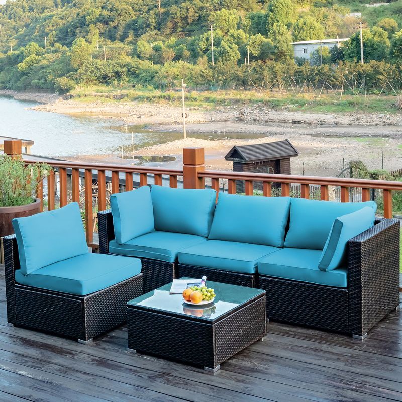 Costway  5PCS Patio Rattan Furniture Set Cushioned Sofa & Chair Coffee Table, 2 of 15