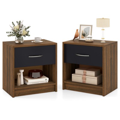 Tangkula 2 PCS Nightstand w/ Drawer Side Table w/ Slide-out Drawer Open Storage Shelf