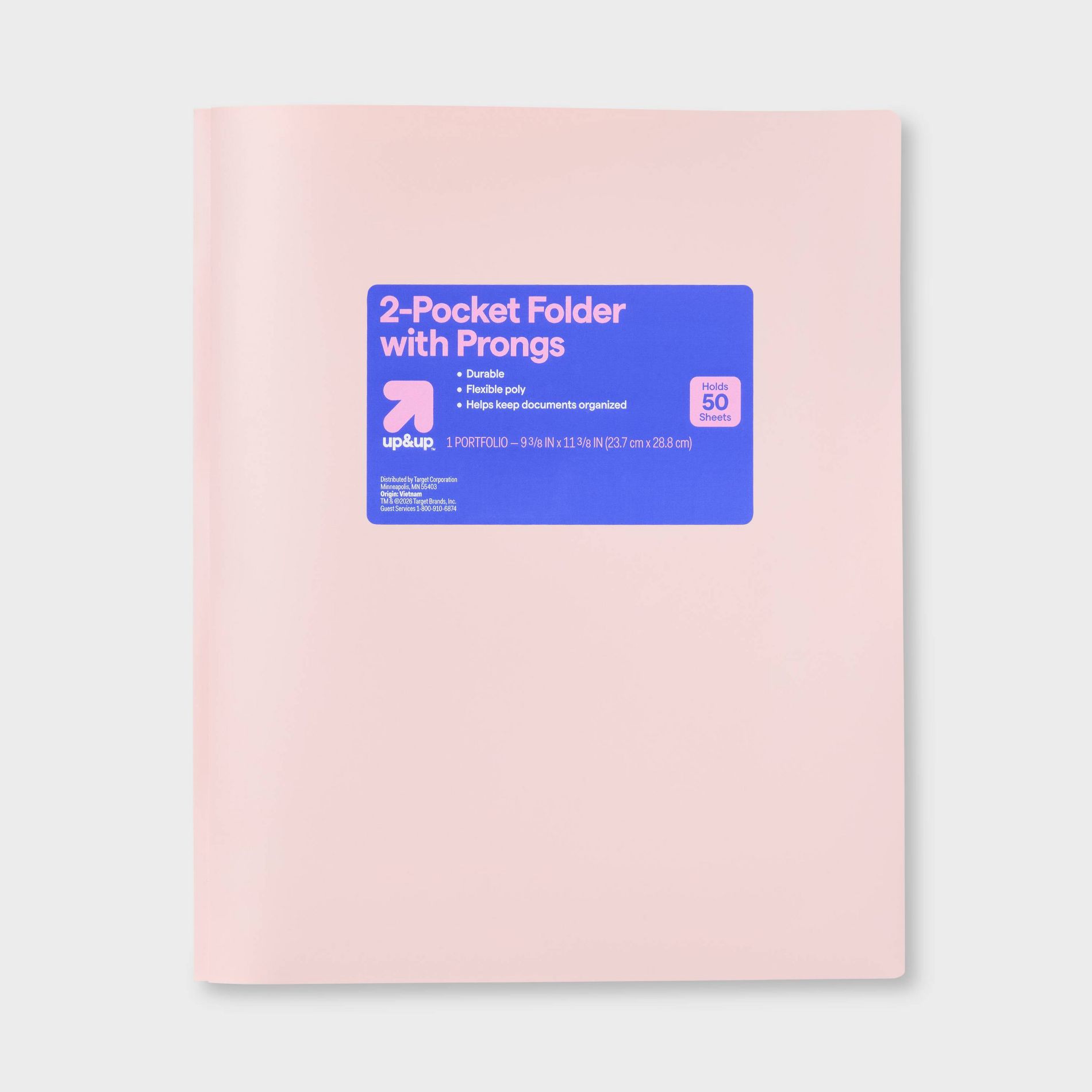 Poly Number 2 Pocket Plastic Folder with Prongs Pastel Pink - up&up™