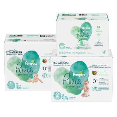 Pampers Pure Protection Disposable Diapers Size 1 - 132ct + Size 2 - 120ct & Pampers Aqua Pure Wipes - 560ct - Bundle