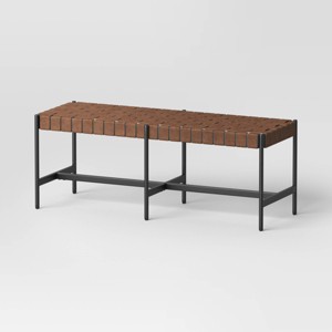 Woven Faux Leather with Metal Base Bench Brown - Threshold™: Upholstered Rectangular Ottoman, Indoor Seating - 1 of 4