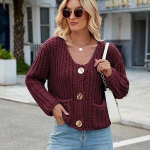 Womens Chunky Knit Cardigan Loose Soft Cozy Oversized Sweater Jacket - 1 of 4