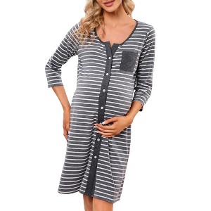 Clearlove Womens Maternity Nightgown 3/4 Sleeve Striped Night Shirt Sleepwear Full-Front Button Pajama Dress - 1 of 4