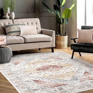 Washable Large Area Rug 9'x12' Vintage Distressed Non Slip No-Shedding Backing Floor Cover Soft Low Pile Foldable Floral Medallion Print Accent Throw - 1 of 4