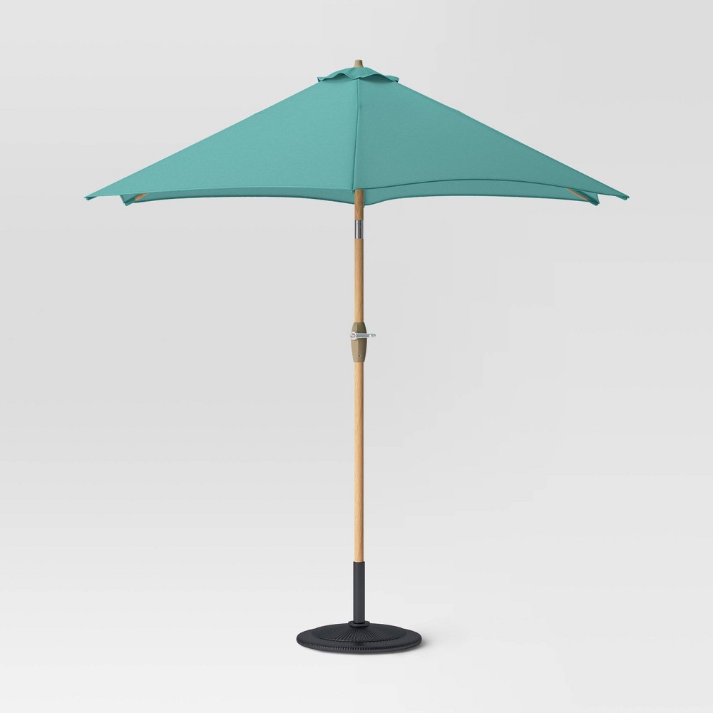 Photos - Parasol 9' Round Outdoor Patio Market Umbrella Turquoise with Faux Wood Pole - Threshold™