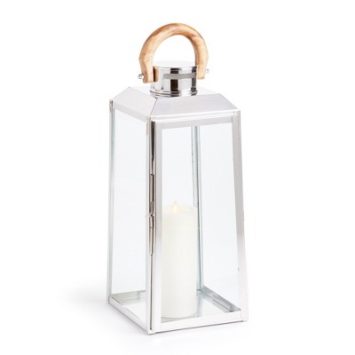 Plum & Post 19" Oceanside Large Decorative Outdoor Chrome Finish Pillar Candle Lantern w/ Teakwood Handle