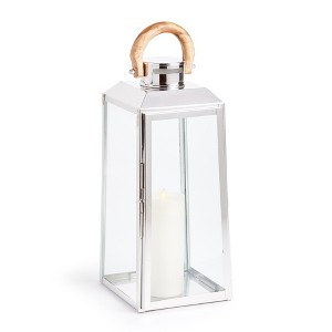 Plum & Post 19" Oceanside Large Decorative Outdoor Chrome Finish Pillar Candle Lantern w/ Teakwood Handle - 1 of 4