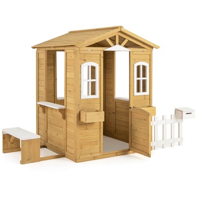 Infans Wood Playhouse for Kids Outdoor Adventures Cottage w/ Bench Play Game Center