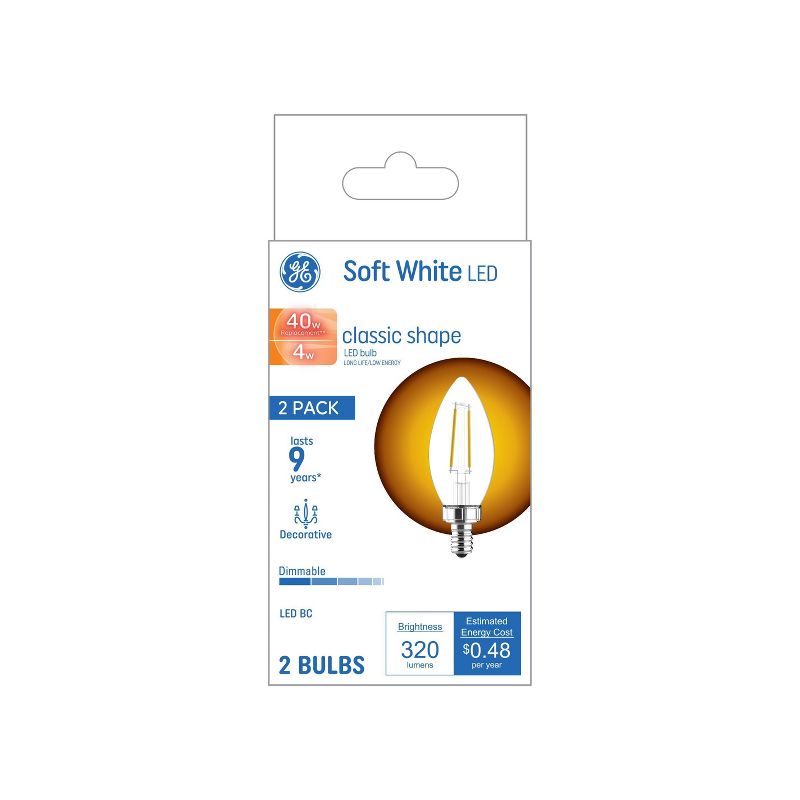 GE 2pk 4 Watts Soft White Candelabra Base Decorative Light Bulbs, 1 of 7