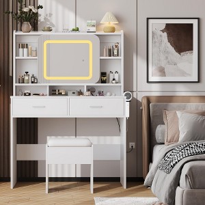 Makeup Vanity Desk with Sliding Mirror, LED Lights & Charging Station, 100 Cm(39'')W Compact Dressing Table with Stool for Small Bedrooms - 1 of 4