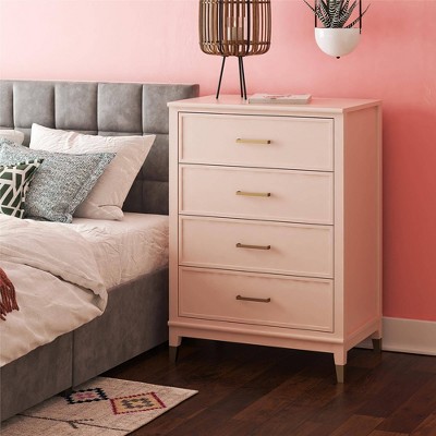 Pale Pink Vertical 4-Drawer Dresser with Gold Accents