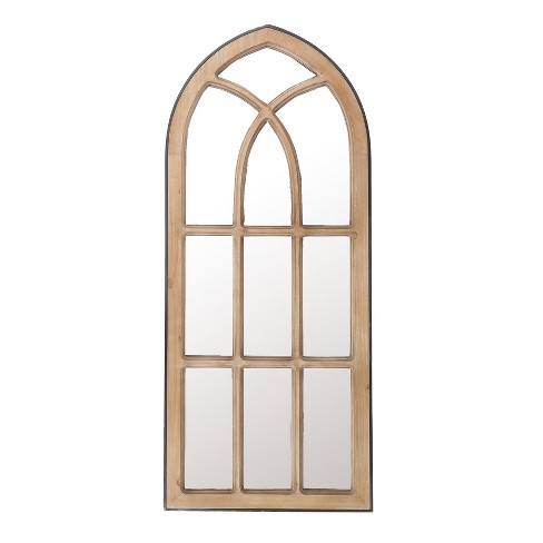 Luxenhome Natural Wood Finish Accent Arched Window Wall Mirror Brown ...