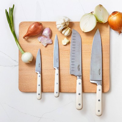 Linen White 14-Piece Stainless Steel Knife Set with Acacia Block