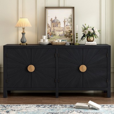 Unique Features Of Ash Veneer Cabinet, Storage Cabinet With Radiating Line Pattern, Accent Cabinet With 4 Doors And Adjustable Shelves-Cuddlewood