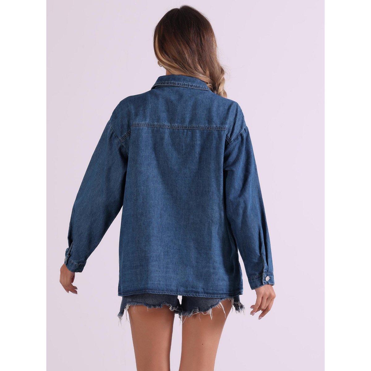 Женские куртки Allegra K Women's Collar Button Down Long Sleeve Casual Solid Denim Oversized Jacket Small Blue — фото 3