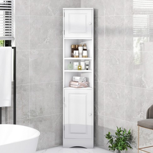 Multifunctional Tall Bathroom Corner Storage Cabinet With Two Doors,  Adjustable Shelves And Open Shelves, White - Modernluxe : Target
