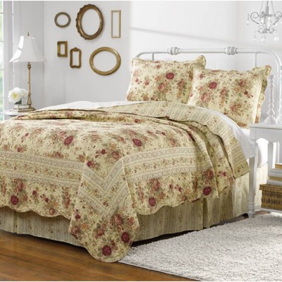 3pc Full queen Antique Rose Quilt Bedding Set Red yellow cream