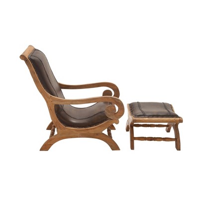 Traditional Dark Brown Leather Accent Chair and Ottoman Set