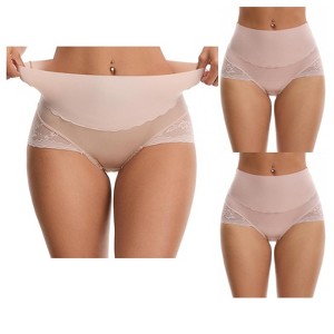 INSPIRE CHIC Women's Hi-Cut Satin High Waisted Lace Trimmed Tummy Control Underpants Briefs 3 Packs - 1 of 4