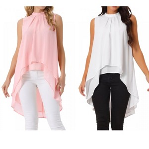 INSPIRE CHIC Women's Casual Tie Back Asymmetrical High Low Sleeveless Mock Neck Flowy Blouse 2 Packs - 1 of 4