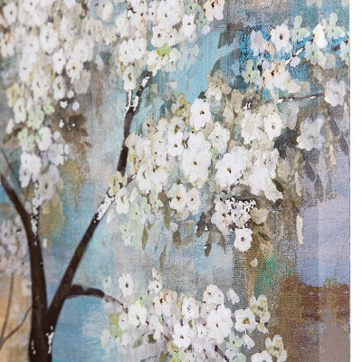 White Blossom Tree Painting on Canvas with Teal and Tan Accents