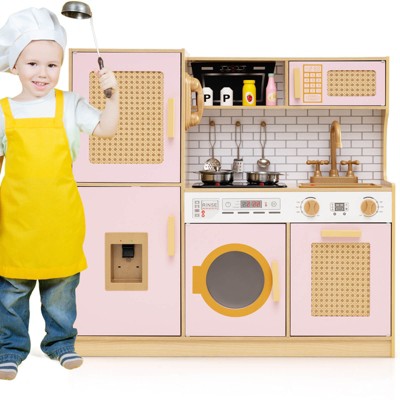 Safstar Wooden Kids Kitchen Playset Pretend Play Kitchen w/ Real Sounds Lights Pink