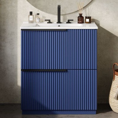 NicBex Modern Fluted Design Freestanding Vanity, Bathroom Vanity with Ceramic Sink, Dual-Tier Split Full-Extension Drawers