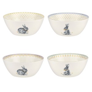 Spode Meadow Lane Cereal Bowls - Set of 4, Bunny Illustration with Gold Accent, Easter & Spring Table Decor - 6 Inch Assorted Pastel Porcelain Bowls - 1 of 3