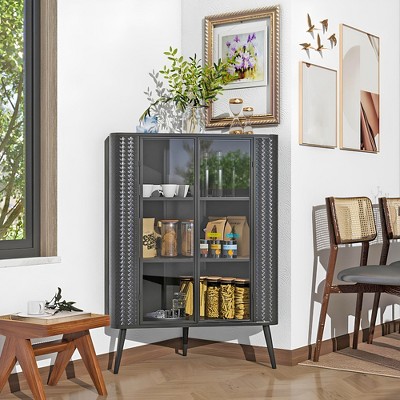 3 Tier Corner Storage Cabinet with Glass Door, Metal Display Cabinet with Removable Shelves, Kitchen Sideboard Buffet for Living Room Bathroom