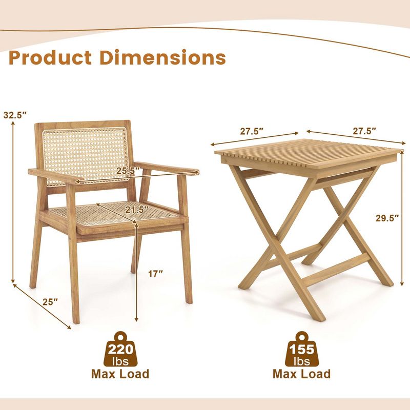Costway 3 Pieces Patio Table Chair Set Wood Bistro Set with Natural Rattan Seat & Indonesia Teak Wood Frame, 3 of 11