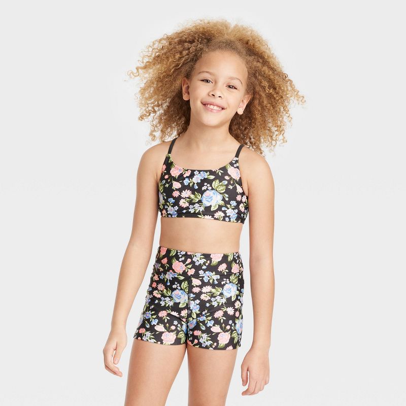 Girls' Tea Party Floral Bike Shorts with Adjustable Back Top Set - art class™ Black, 1 of 6