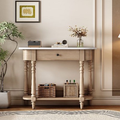 PAGED Vintage Narrow Console Table with Drawer & Open Shelf, Coastal Farmhouse Entryway Sofa Table with Curved Corner, Retro Entryway Table