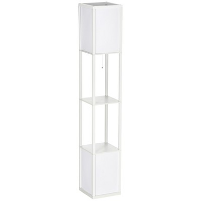 White Tall Floor Lamp with Shelves and Fabric Shade