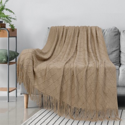 Tan Taupe Knit Fleece Reversible Throw Blanket with Fringe