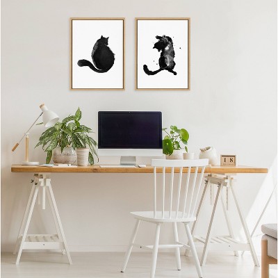 Black and White Cat Print on Canvas with Natural Frame