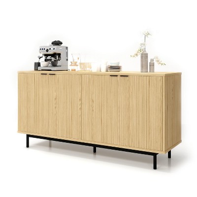 Dyonery 58 inch side panel buffet cabinet with storage space, slotted cabinet with adjustable shelves and 4 doors, Black/Natural wood color