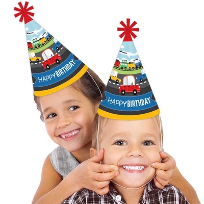 Colorful Transportation Theme Happy Birthday Party Hats for Kids and Adults - Set of 8