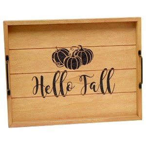 HomeRoots 16" Natural And Black Hello Fall Serving Tray With Handles - 1 of 4