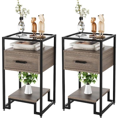 Nightstand Set of 2, End Table with Storage Drawer and 3-Tier Storage & Tempered Glass Top, Bedside Furniture with Steel Frame, Easy Assembly