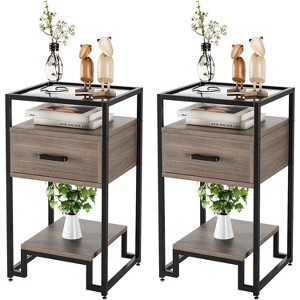 Nightstand Set of 2, End Table with Storage Drawer and 3-Tier Storage & Tempered Glass Top, Bedside Furniture with Steel Frame, Easy Assembly - 1 of 4