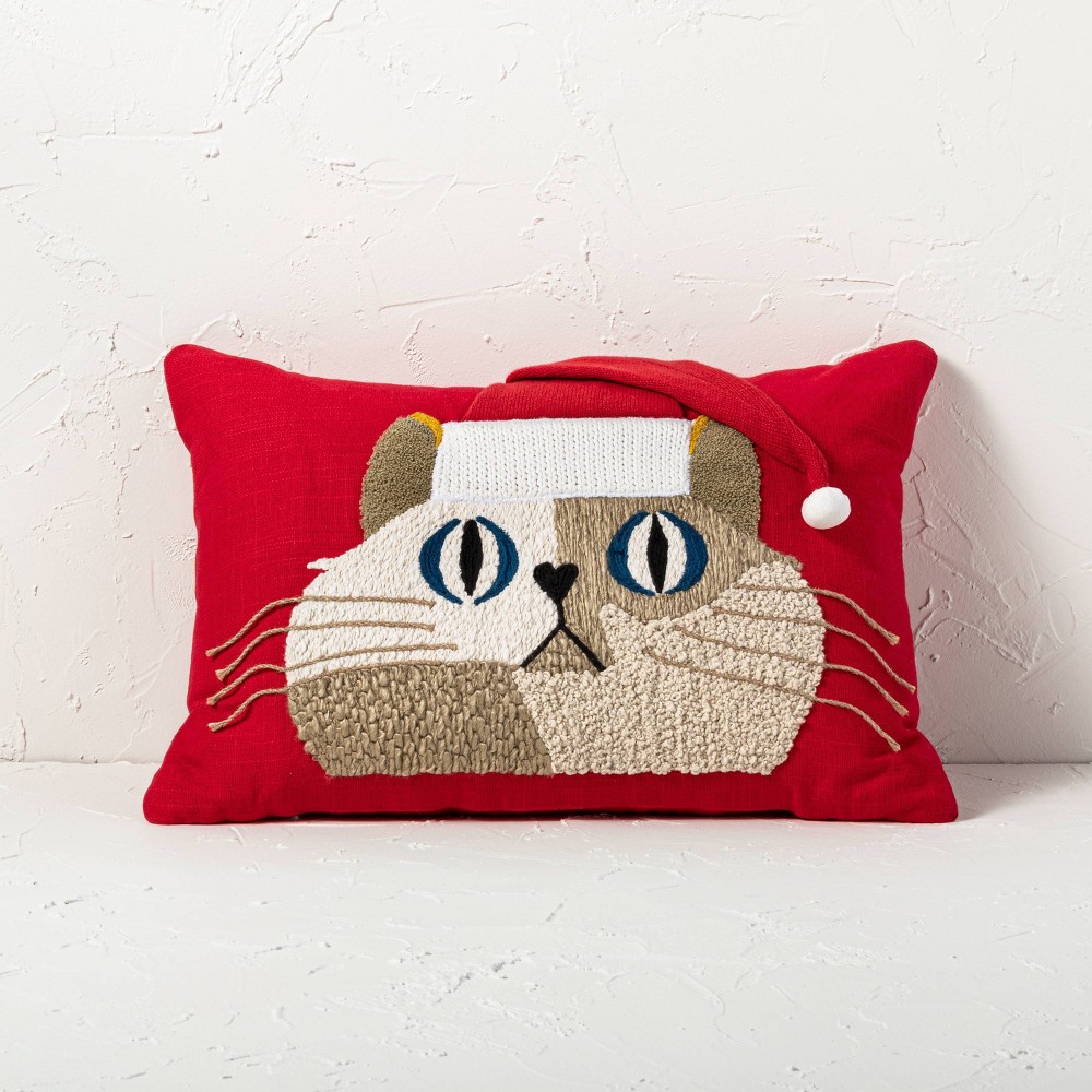 14"x20" Embroidered Santa Cat Oblong Lumbar Decorative Pillow Red - Opalhouse™ designed with Jungalow™
