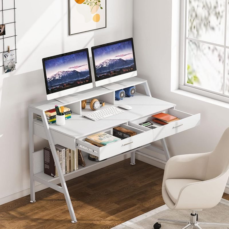 Tribesigns Modern 47" Computer Desk with Storage Shelf & Drawers,  Office Writing Desk Study Table with Monitor Stand Riser for Home Office, 4 of 10