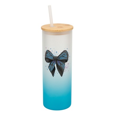 Elanze Designs 25 Ounce Frosted Glass Gradient Travel Tumbler With Straw and Wooden Lid, Blue Monarch Bow Sky Blue