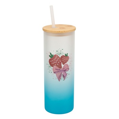 Elanze Designs 25 Ounce Frosted Glass Gradient Travel Tumbler With Straw and Wooden Lid, Strawberry Sky Blue