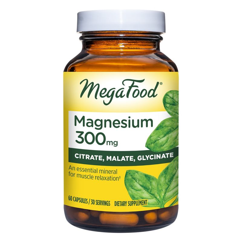 MegaFood Magnesium Supplement, 300mg Magnesium Glycinate, Citrate &#38; Malate Vegetarian Capsules - 60ct, 1 of 12