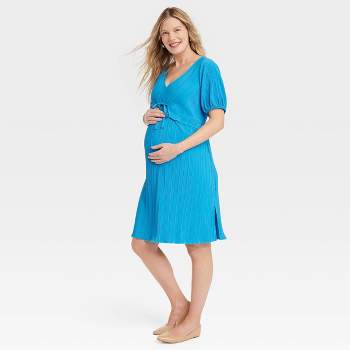 Short Sleeve Plisse Mini Maternity Empire Waist Dress - Isabel Maternity by Ingrid & Isabel™ Blue