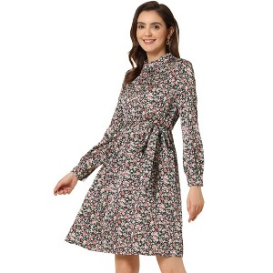 Allegra K Women's Mock Neck Swing Midi Long Sleeve A-line Floral Dress - 1 of 4