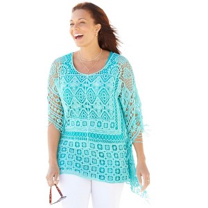 Catherines Women's Plus Size Openwork Fringe Duster - 1 of 4