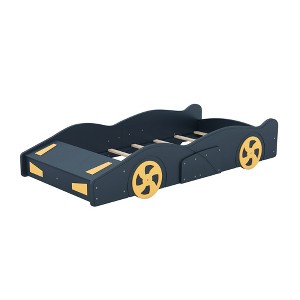 Gulches Dark Blue+Yellow Twin Size Race Car-Shaped Platform Bed with Wheels and Storage - 1 of 4